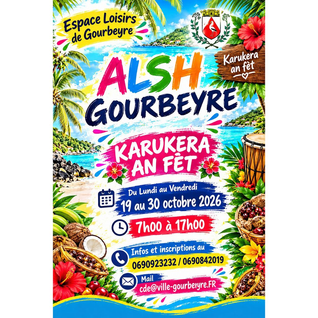 La ville de Gourbeyre vous propose l'ALSH "Karukéra an fêt", du 19 au 30 octobre 2026, de 07h00 à 17h00. Randonnée, chasse aux trésors, journée sportive, jeux traditionnels. Renseignements au 0690 92 32 32.