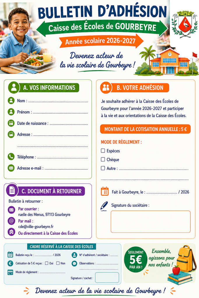 Devenez acteur de la vie scolaire de Gourbeyre. Adhérez pour l'année 2026-2027.